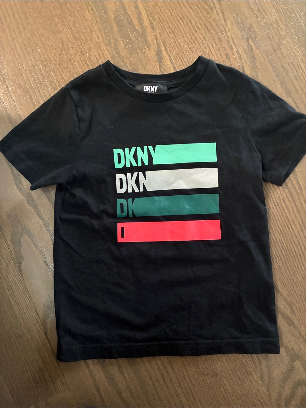 DKNY Black Tee with Teal, White, Dark Teal & Red Stripe Graphics